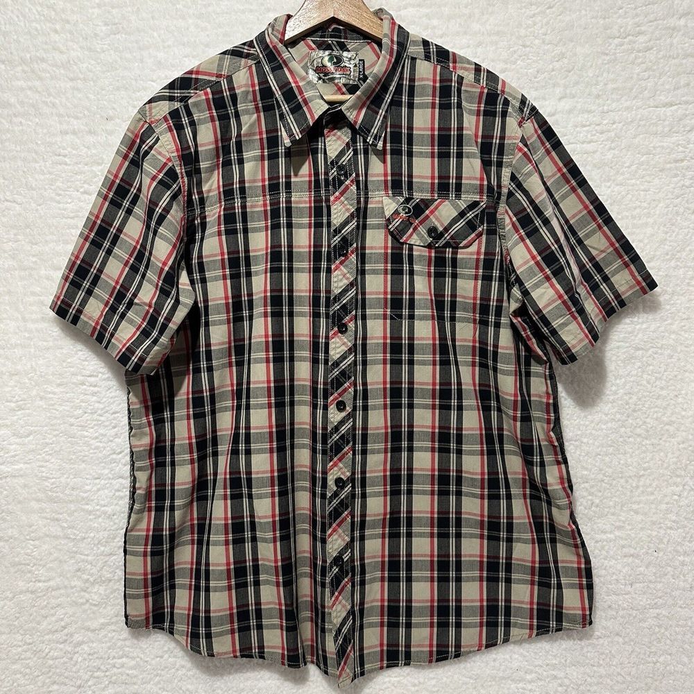 Mossy Oak Shirt Button-Up Short Sleeve Casual Brand Camo Plaid Hunt Camp Size XL